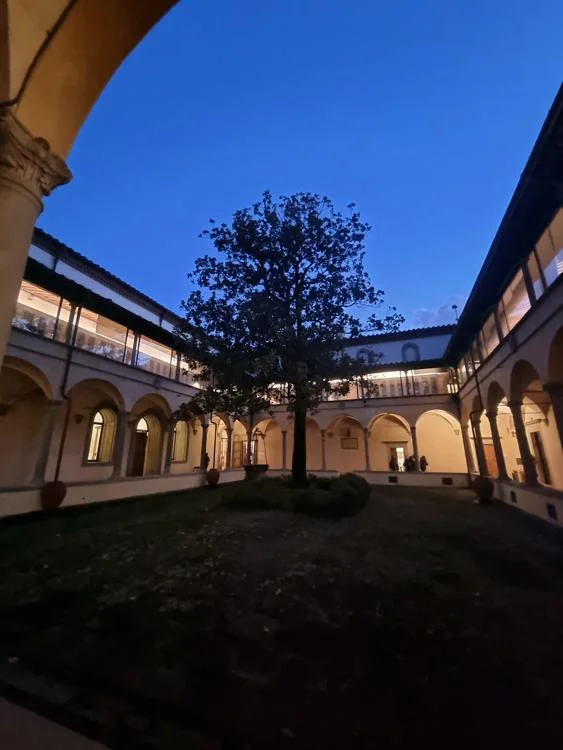 A courtyard with a tree at dusk on EUI's campus.