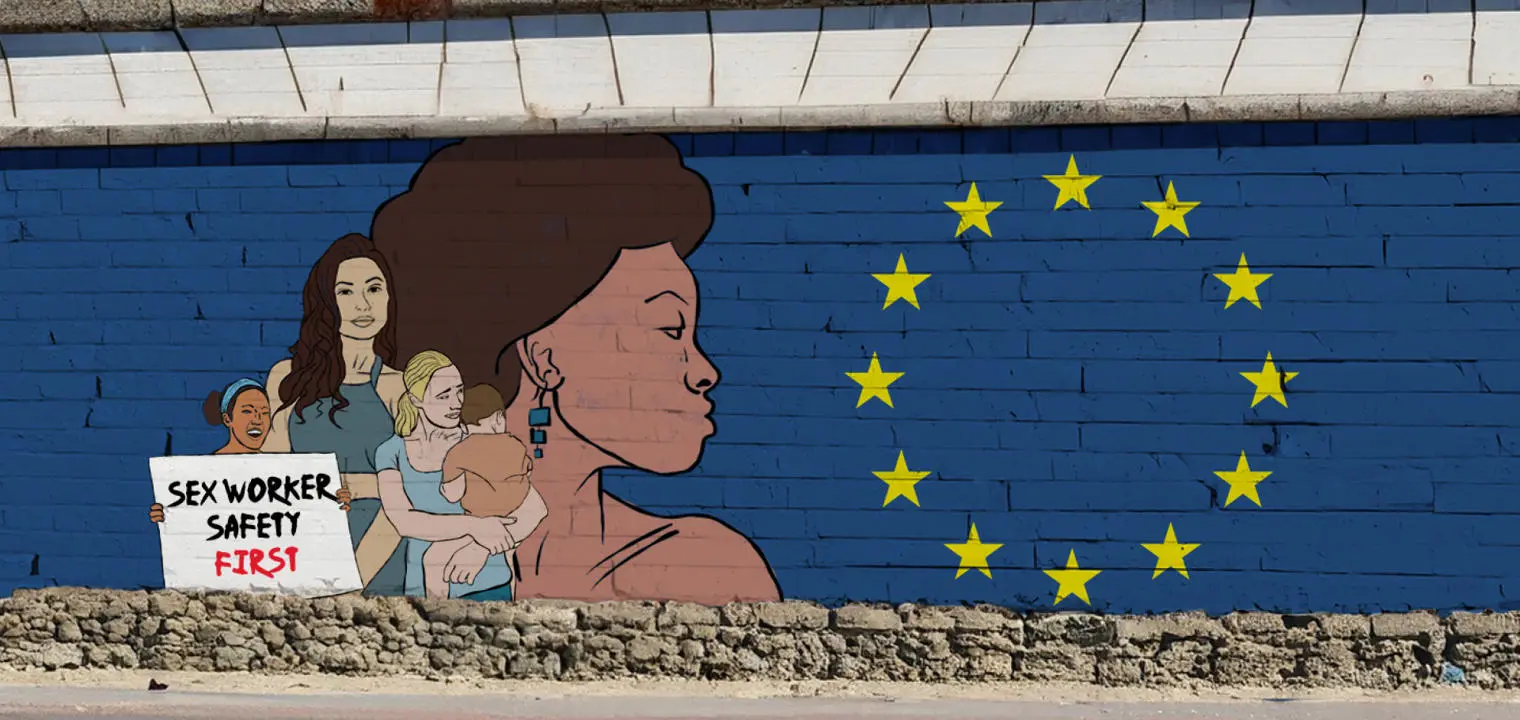 A mural on a blue brick wall features women and the EU flag. One woman holds a sign reading, "sex worker safety first"