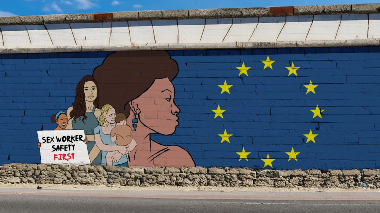 A mural on a blue brick wall features women and the EU flag. One woman holds a sign reading, "sex worker safety first"