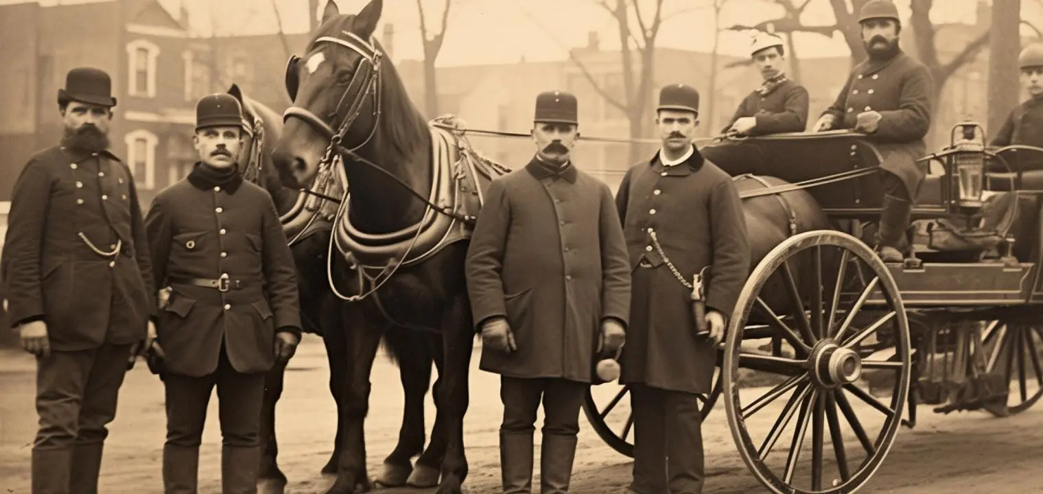 Members of the Chicago Police Force from the 19th century stand alongside their horses for a photograph