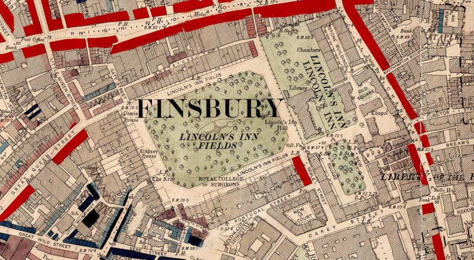 Booth Map, a Victorian map with faded colours -Lincoln Inn Fields and neighbourhoods. 