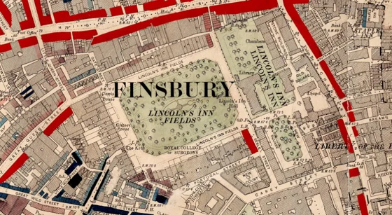Booth Map, a Victorian map with faded colours -Lincoln Inn Fields and neighbourhoods.