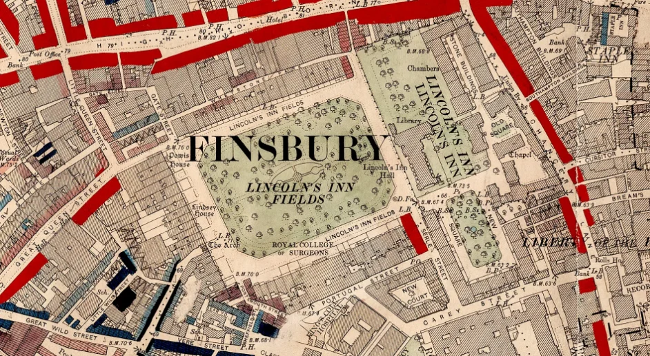 Image of a Booth Map, a Victorian map with faded colours. It shows the area of Lincoln Inn Fields and the surrounding neighbourhoods.