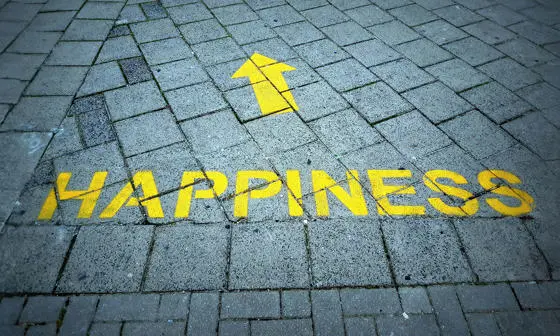 Happiness with an arrow printed on a pavement