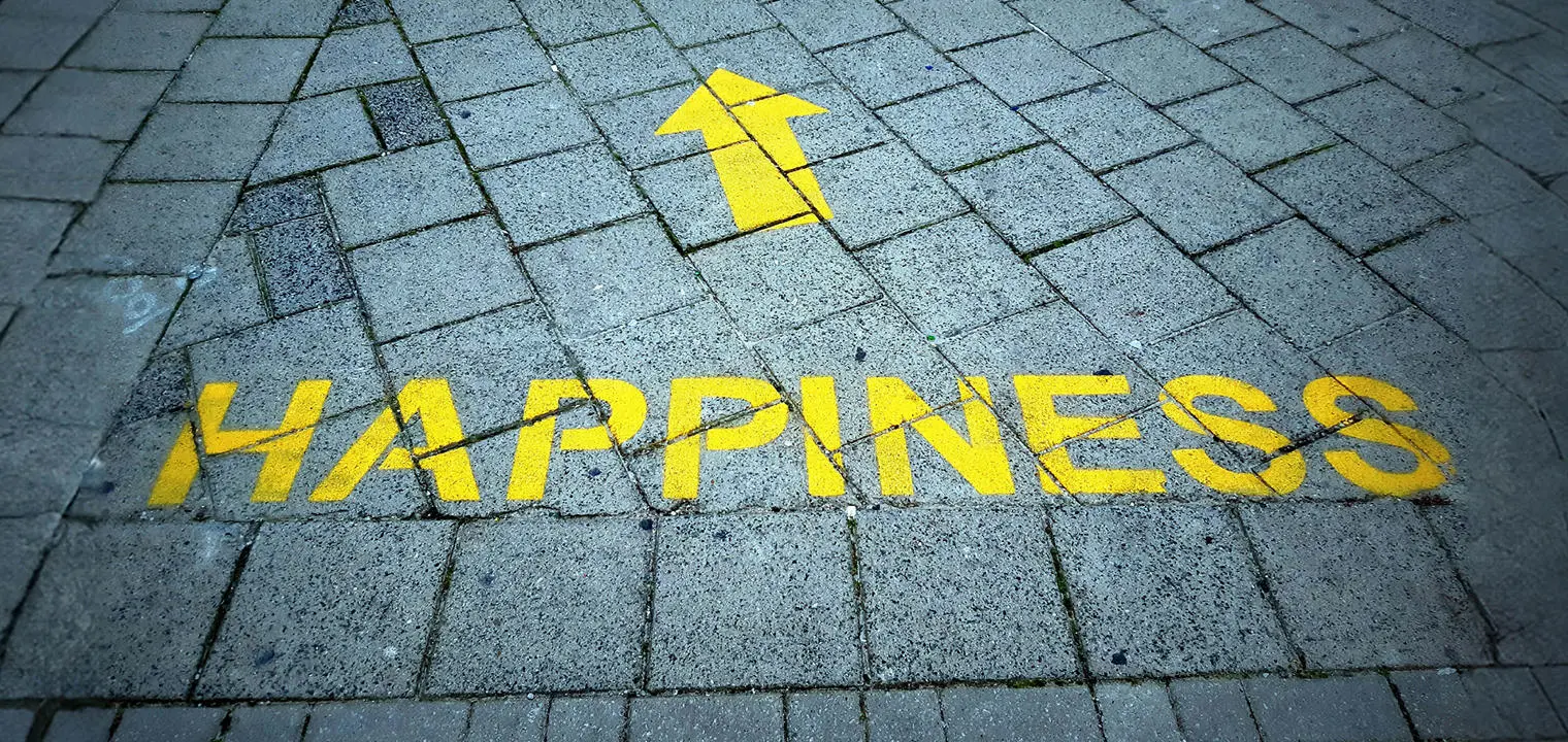 Happiness with an arrow printed on a pavement