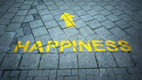 Happiness with an arrow printed on a pavement
