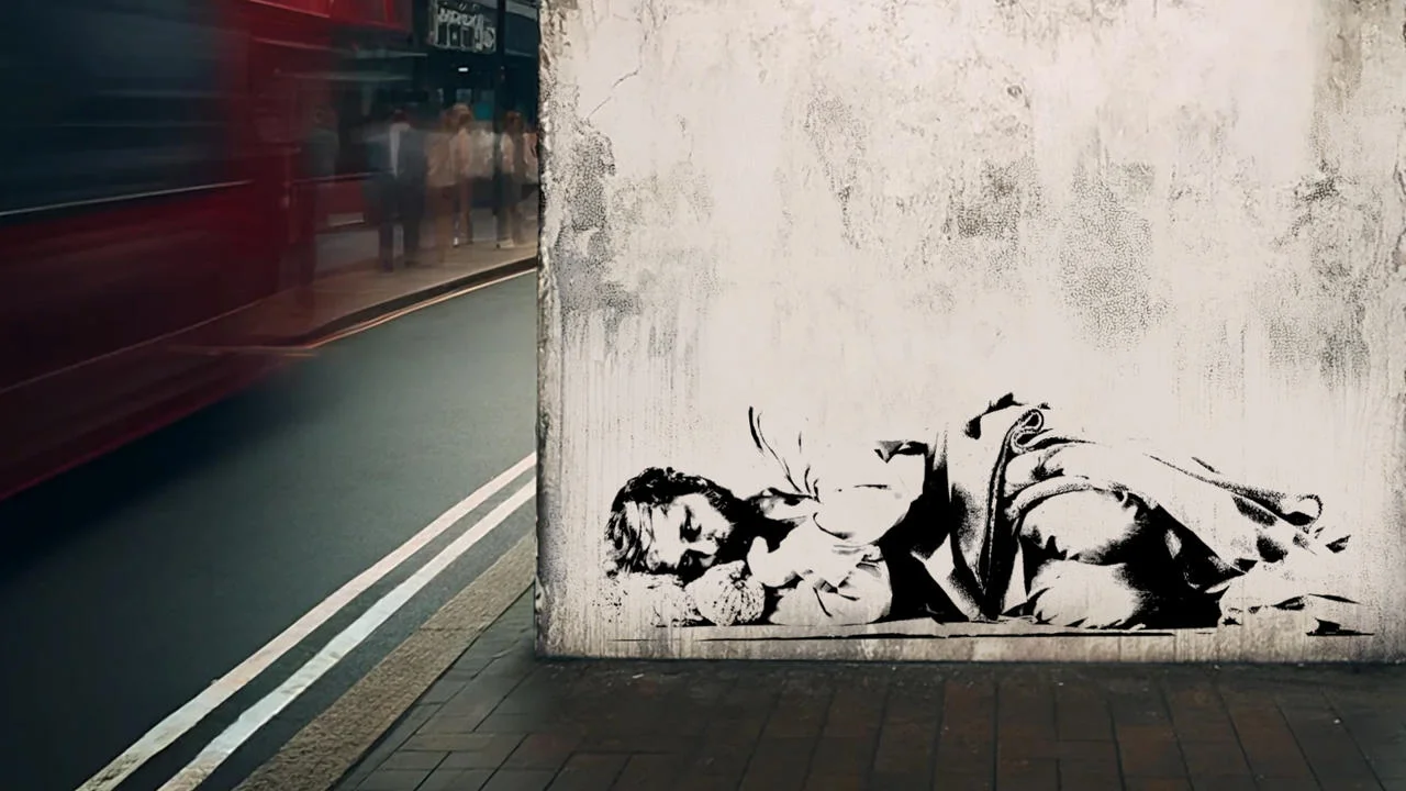 A Banksy-style graffiti of a homeless person on a wall in London