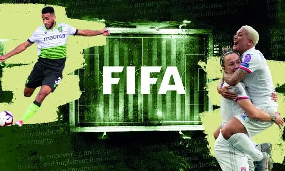 Football players and a football pitch with the word Fifa