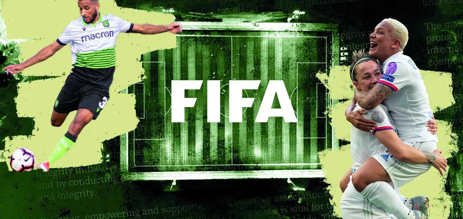 Football players and a football pitch with the word Fifa