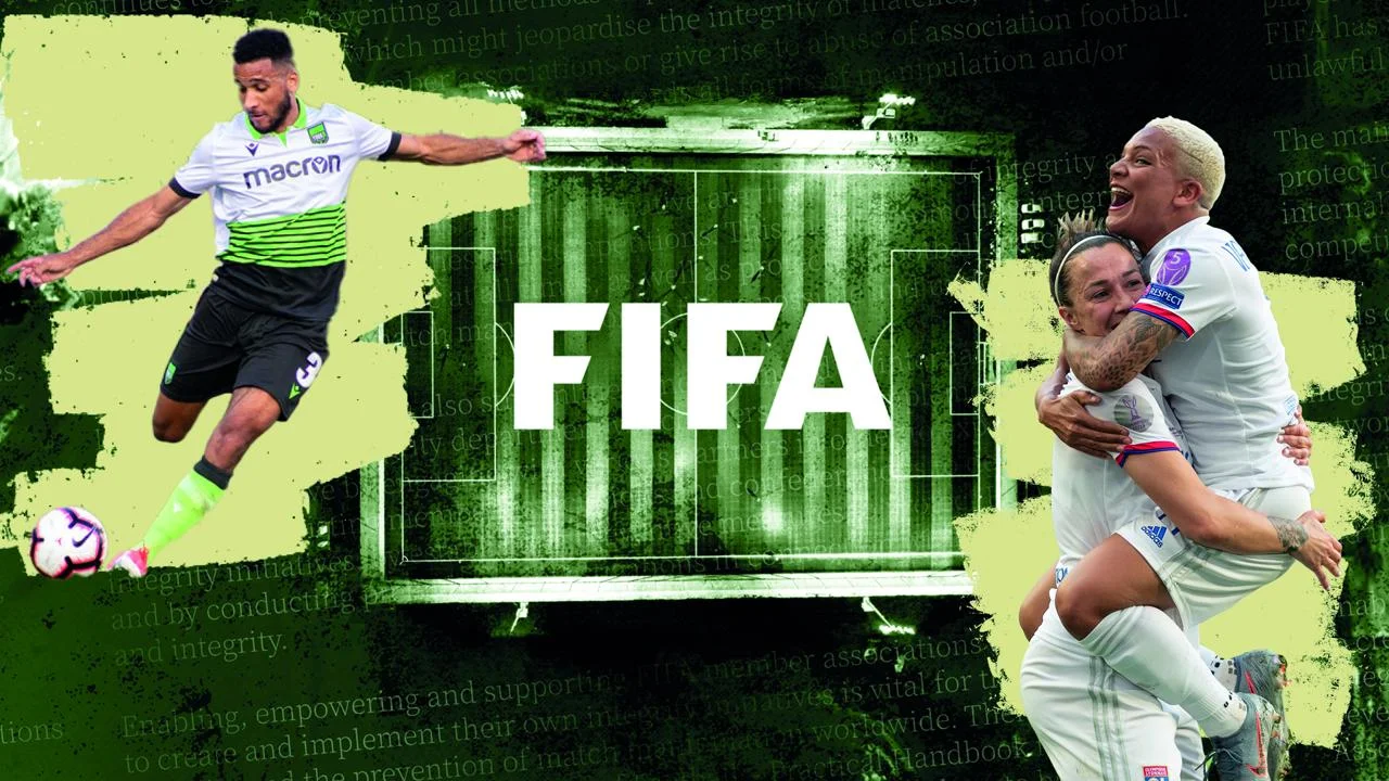 Football players and a football pitch with the word Fifa