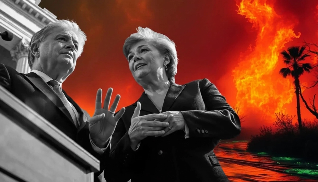 Politicians talk while a forest fire burns behind them.