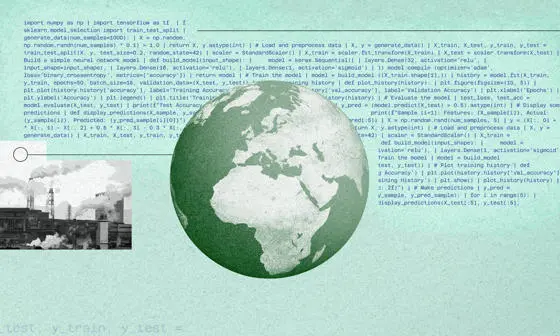 Graphic depicting computer code, the Earth and factories