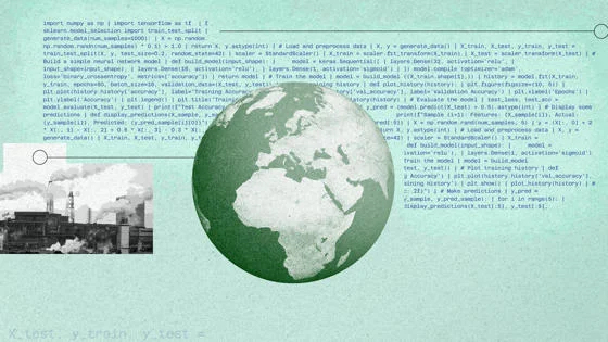 Graphic depicting computer code, the Earth and factories