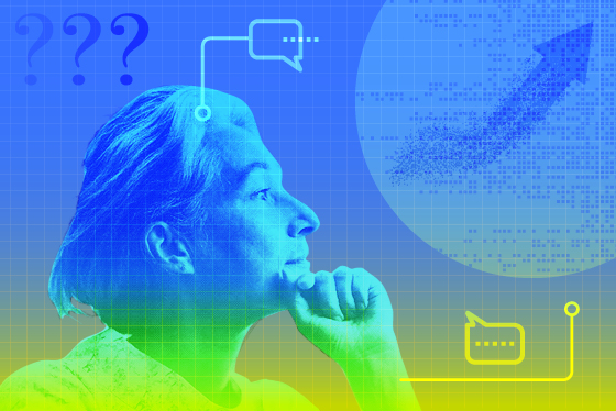 Woman thinking, data, questions