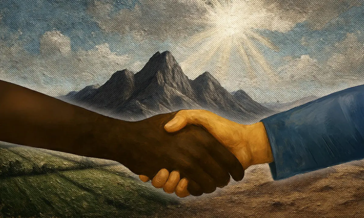 Two hands being shaken against a backdrop of mountains and a shining sun.