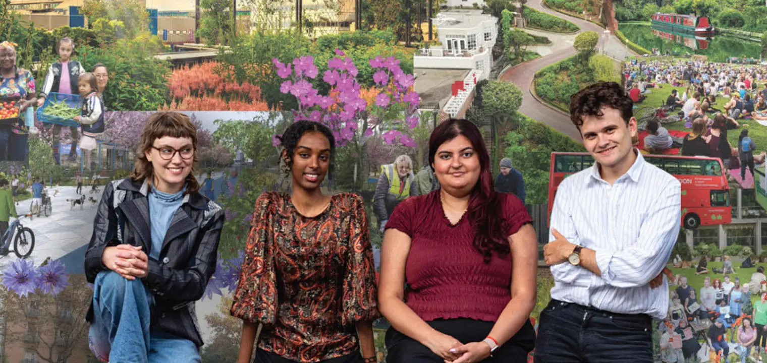 Four young people on a bench with a backdrop of photographs of various parks and green spaces