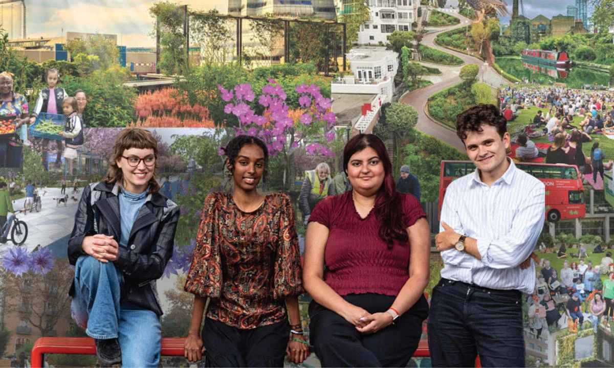 Four young people on a bench with a backdrop of photographs of various parks and green spaces