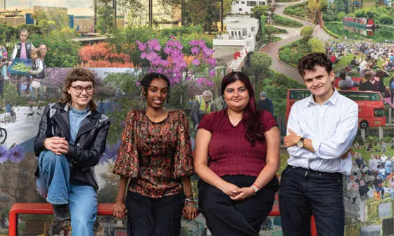 Four young people on a bench with a backdrop of photographs of various parks and green spaces.