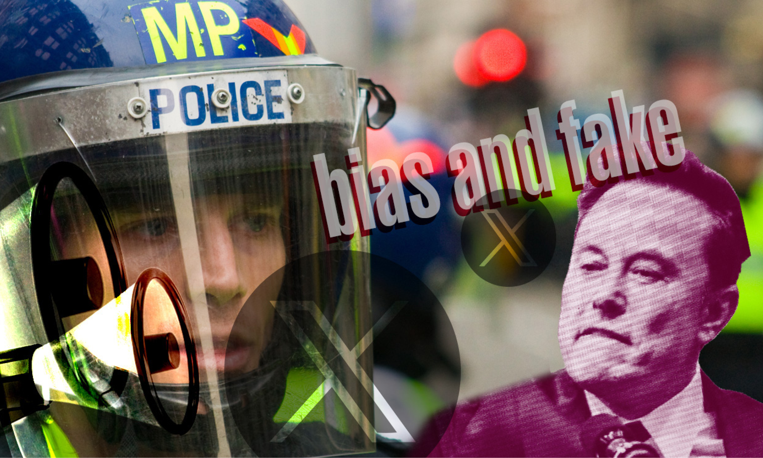 A collage showing police imagery and Elon Musk with the words 'bias and fake'.