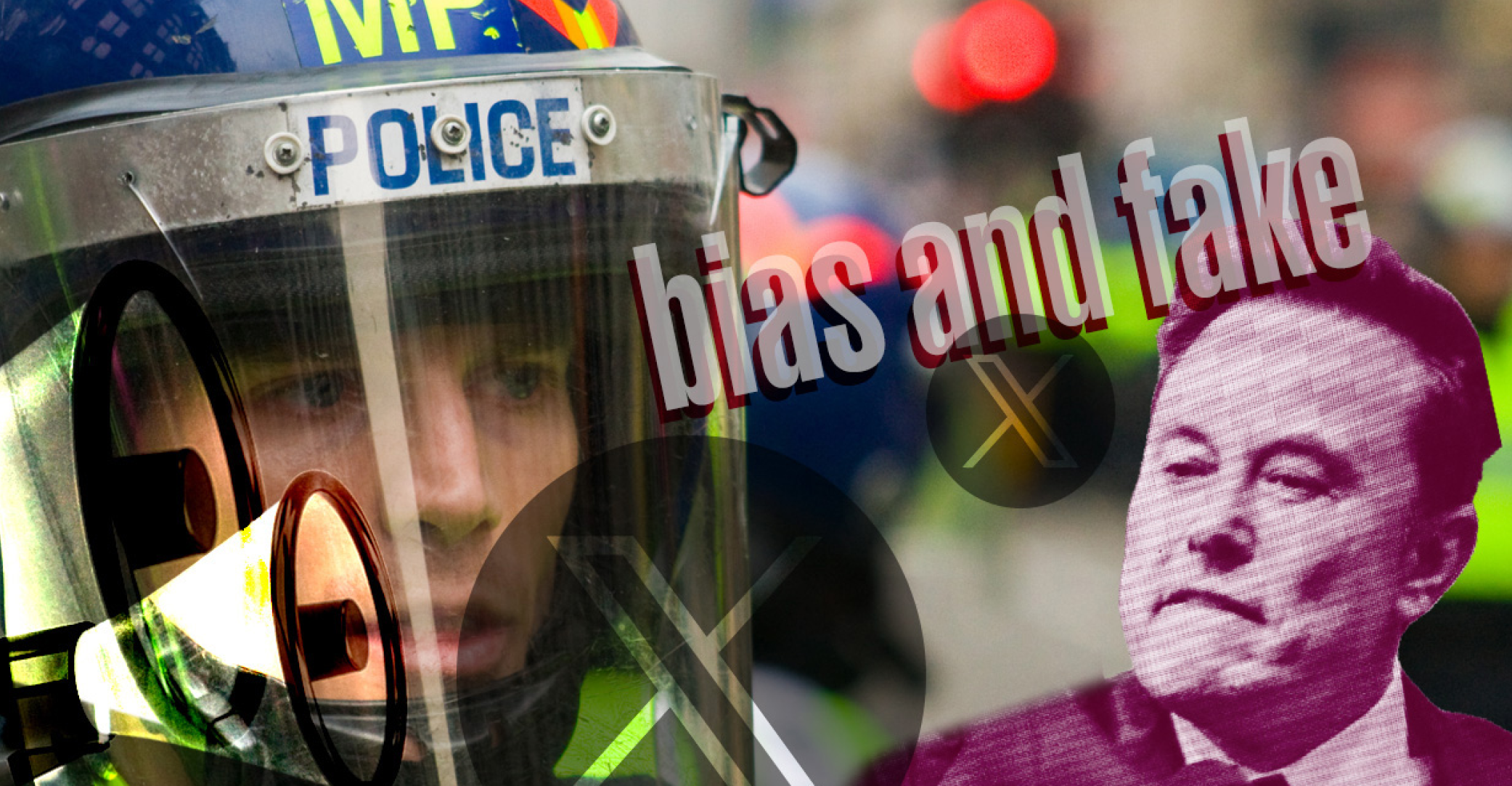 Police man and Elon Musk featured alongside the words bias and fake.
