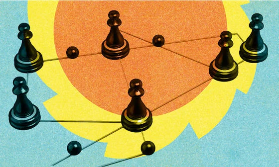 Chess pieces connected by lines