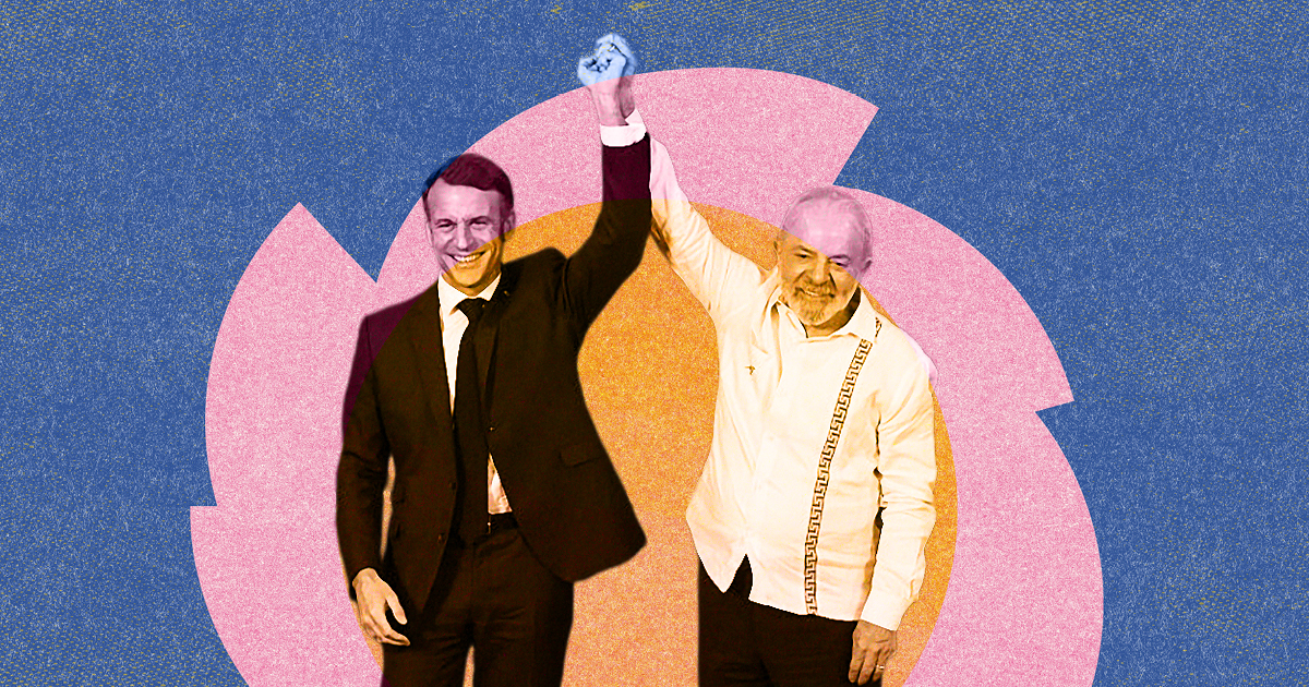 Macron and Lula at the last COP meeting holding hands raised in the air.