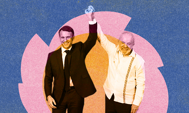 Lula and Macron holding hands at the last COP meeting