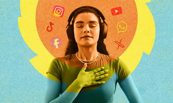 A person meditating with social media symbols around them.