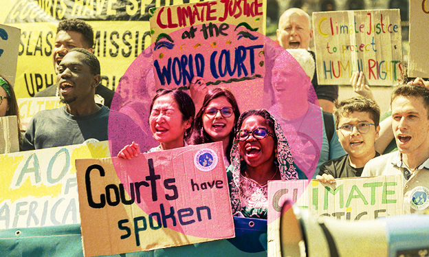Climate justice protest outside a court