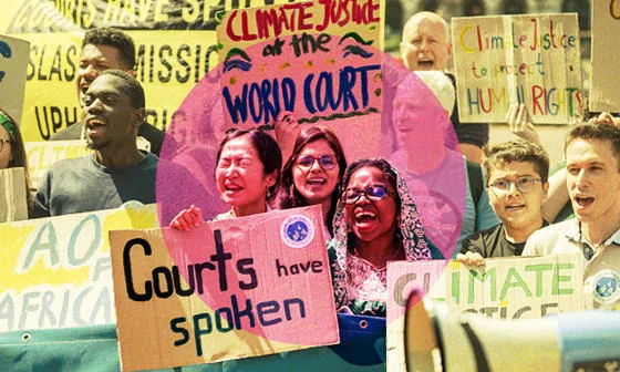Climate justice protest outside a court