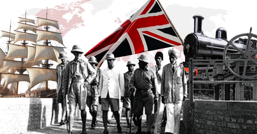 Various photographs from colonial times including of a train, ship and the British flag. 