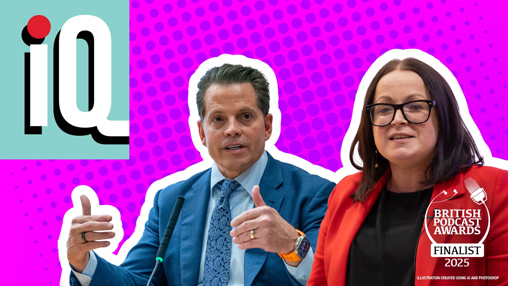 Displays male and female who are subjects of the podcast 