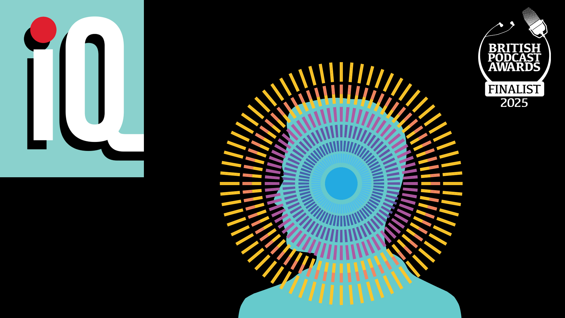 A stylised human head in profile made from concentric rings of colourful radiating bars.