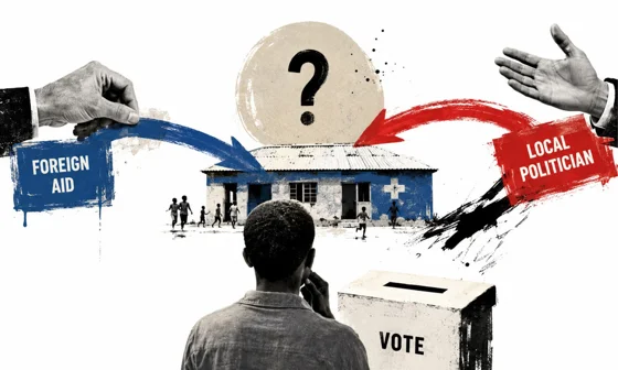 Person at a polling station with the question of voting for foreign aid or local politician.