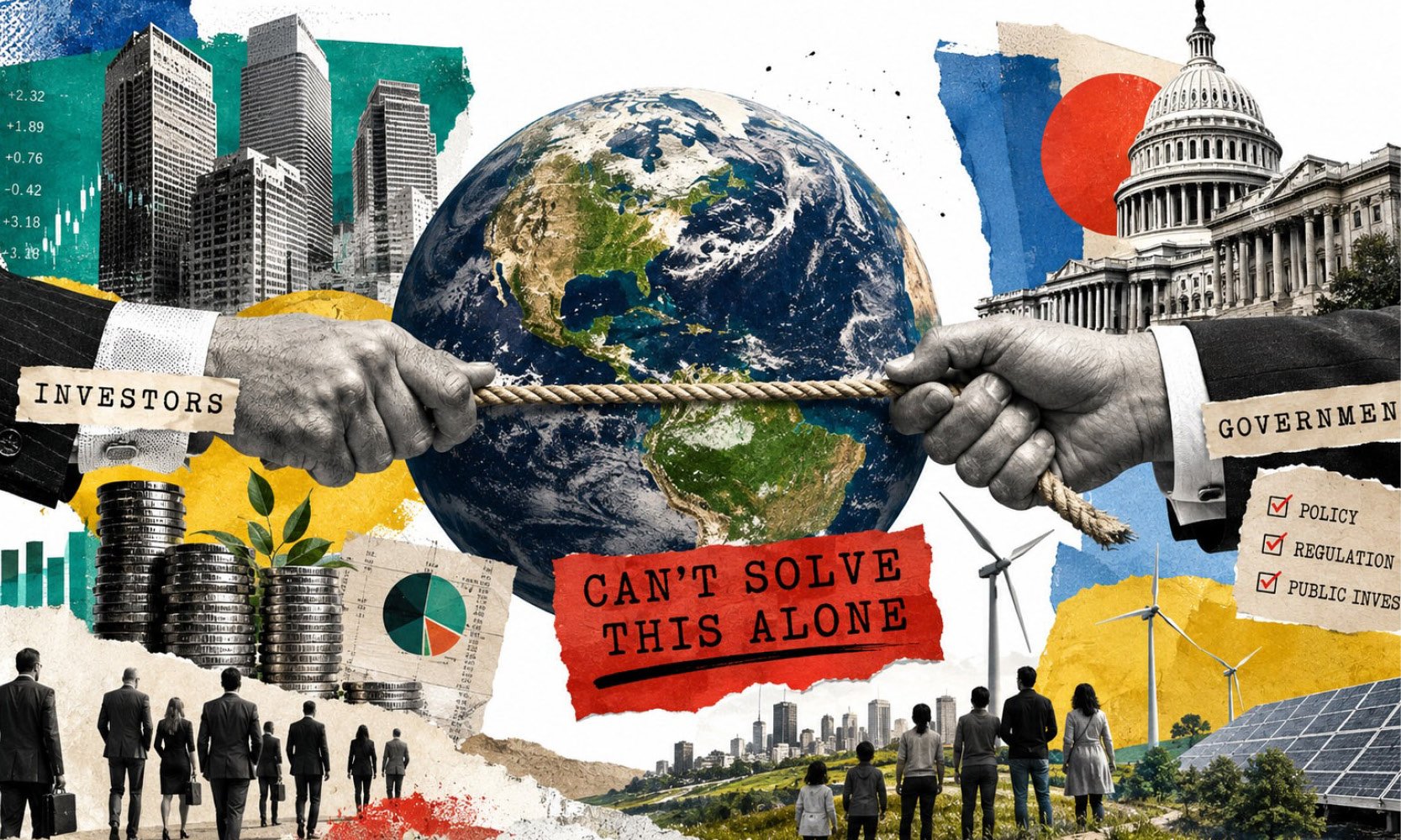 The Earth between two hands pulling a rope labelled “Investors” and “Government”, alongside images of financial charts