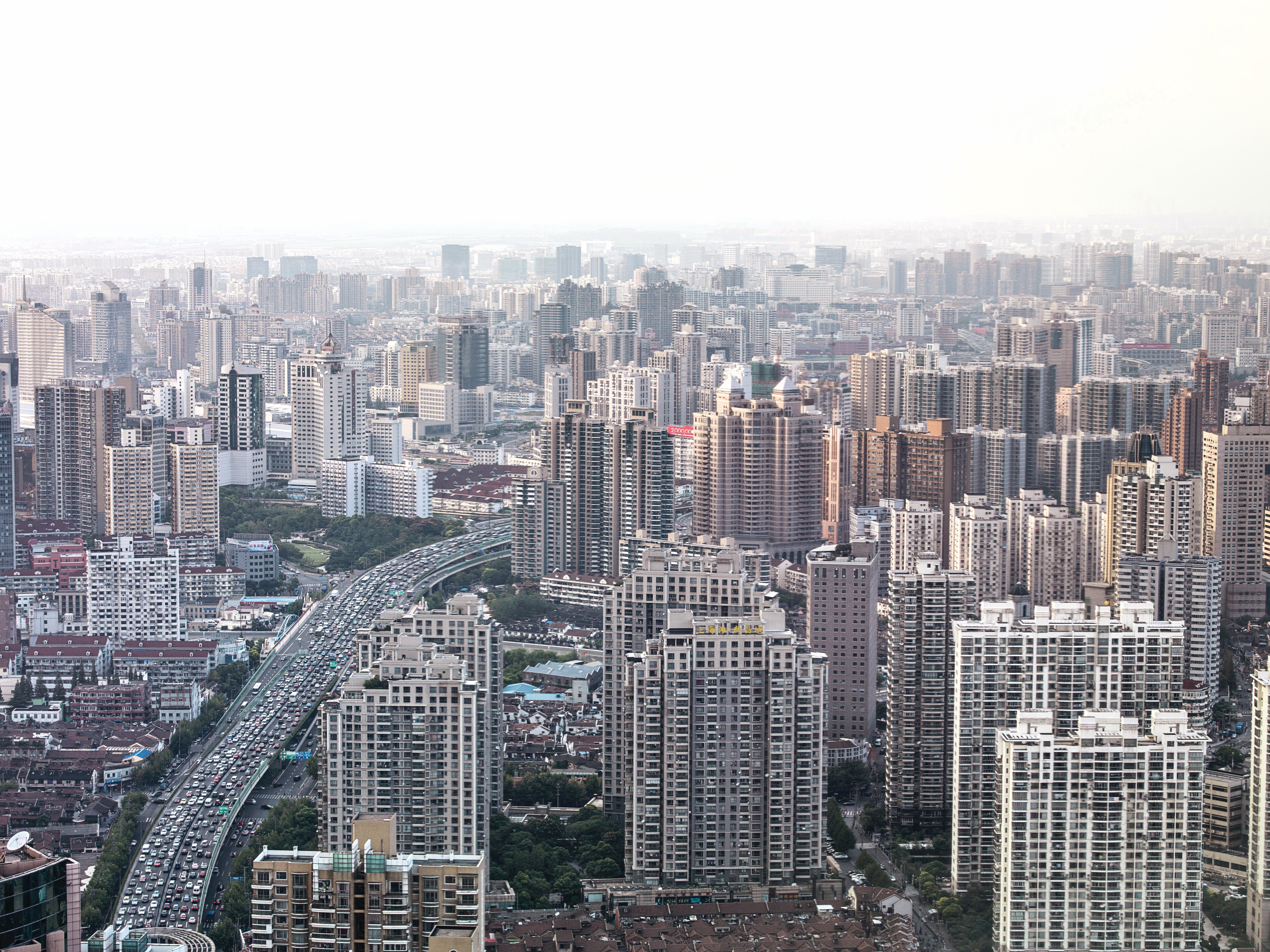 Arial shot of Shanghai buildings and motorway
