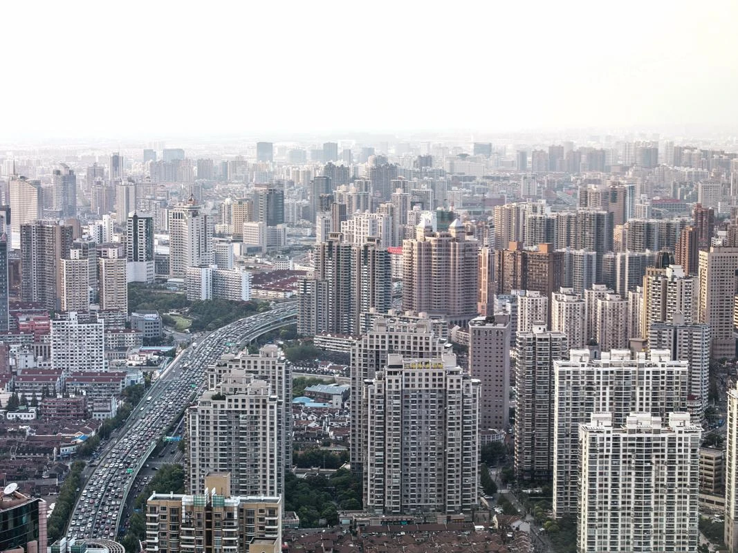 Arial shot of Shanghai buildings and motorway