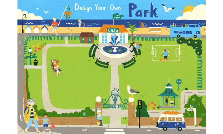 Design your own park | Seaside park map showing a cartoon park in a seaside setting, with a fountain and a beach near the park. 