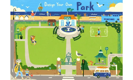 Design your own park | Seaside park map showing a cartoon park in a seaside setting, with a fountain and a beach near the park.