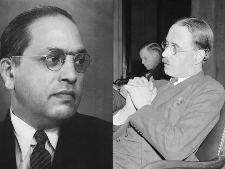 Black and white images of B R Ambedkar (right) and Harold Laski (left)