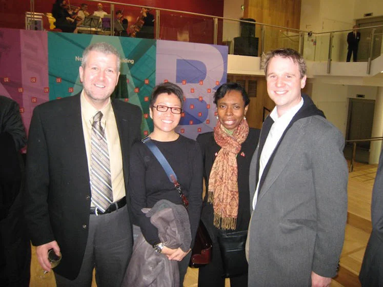 From left to right, Dirk Robertson, alumni volunteer Alice Huang, former Head of Alumni Relations, Charlotte Armah, and Christoph Roescher during the opening of the New Academic Building (now Cheng Kin Ku Buildng).