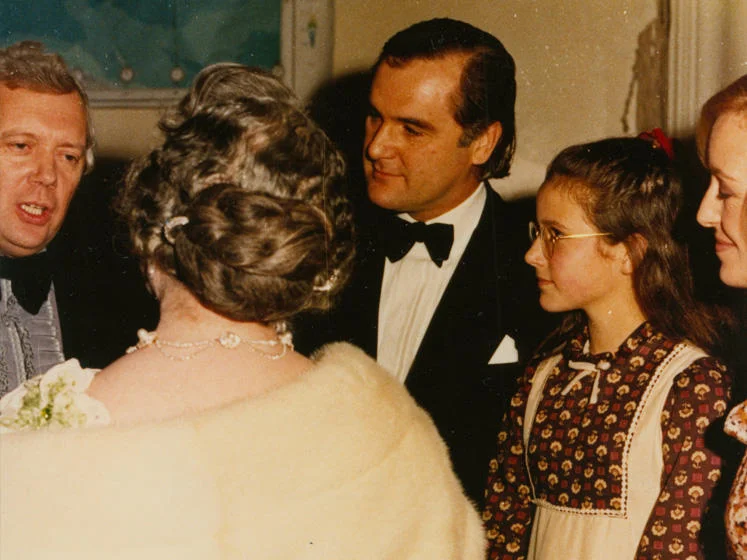 David Kingsley talks to a group of people during the Banqueting House Concert for the Library Appeal in 1974