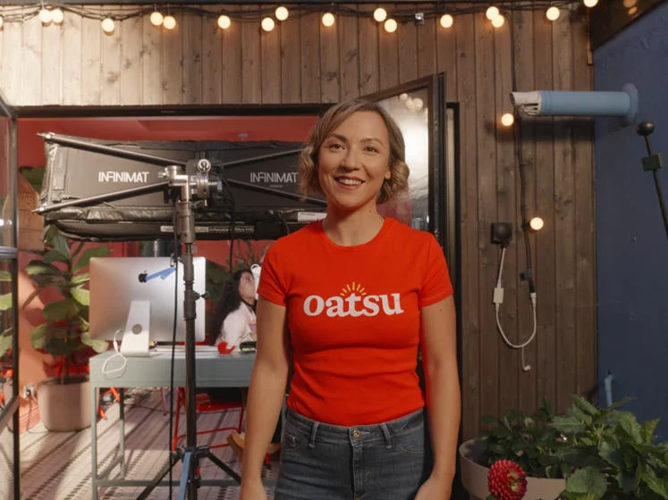 Lauren O'Donnell stands on set while filming an advert for her brand, Oatsu.