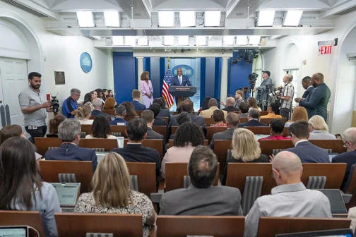 Director of the Office of Public Engagement Steve Benjamin speaks alongside Press Secretary Karine Jean-Pierre during a press briefing, Thursday, May 17, 2024, in the James S. Brady Press Briefing Room of the White House. (Official White House Photo by Ol