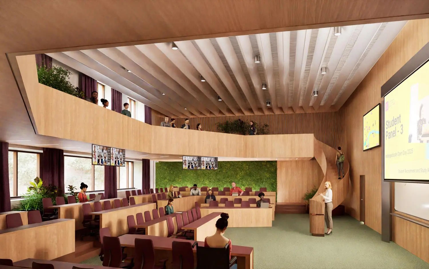 Design of lecture hall with seats on lower level and upper level in a horseshoe. A woman in a white top is speaking at the lecturn.