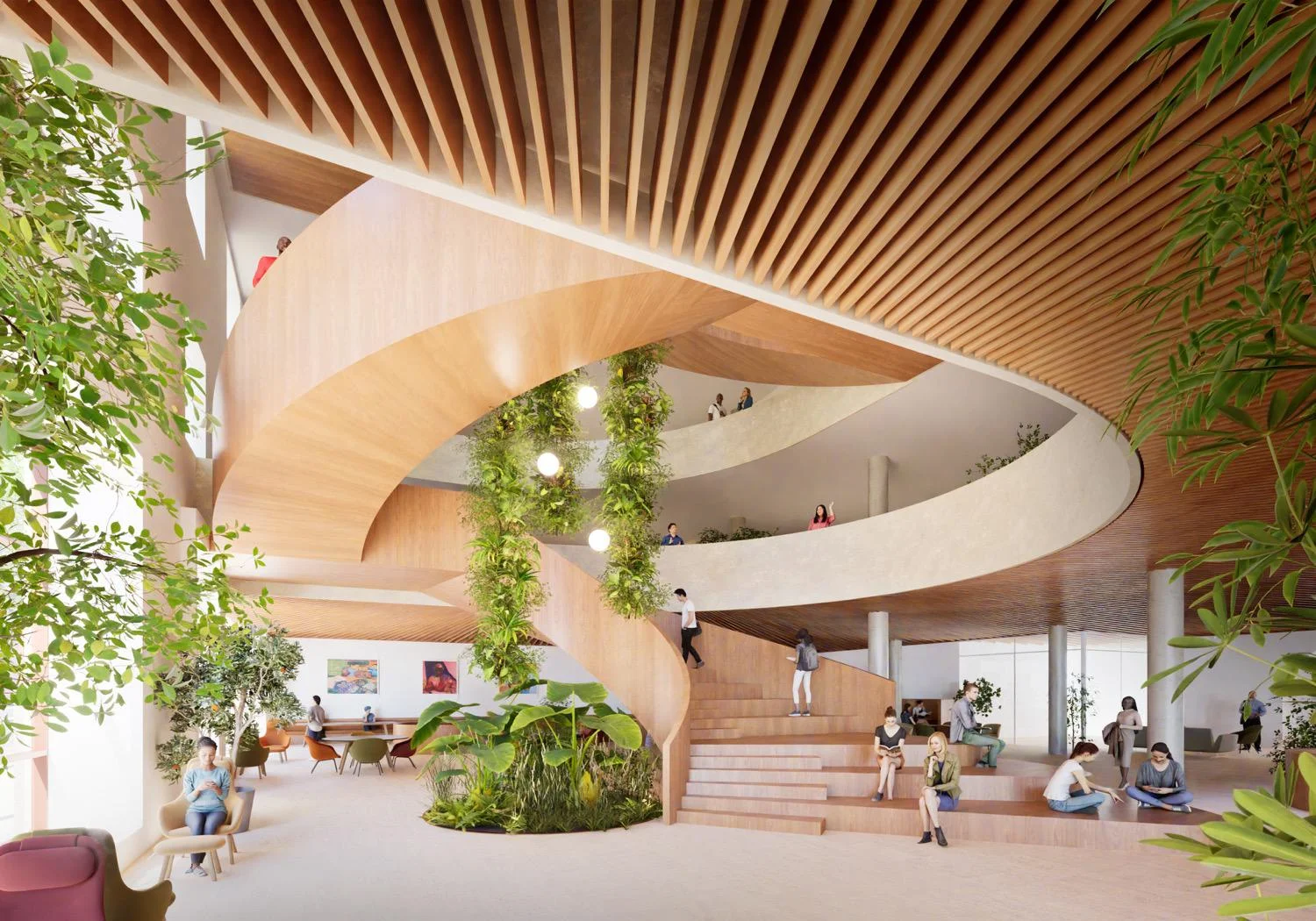 Design of spiral staircase with students sitting nearby