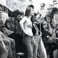 Gay rights demonstration in Trafalgar Square including members of the Gay Liberation Front (GLF).