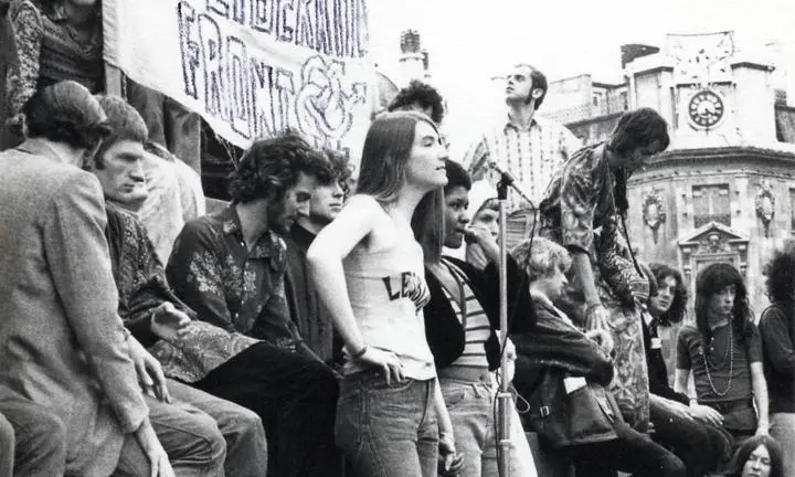 Gay rights demonstration in Trafalgar Square including members of the Gay Liberation Front (GLF).