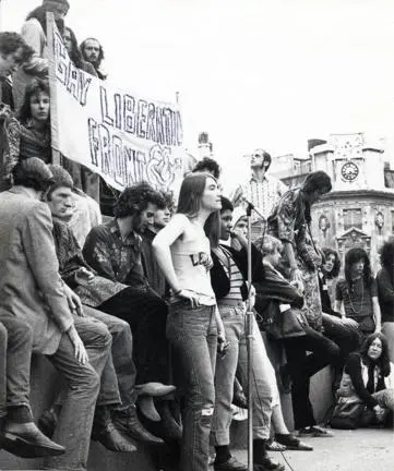 Gay rights demonstration in Trafalgar Square including members of the Gay Liberation Front (GLF).