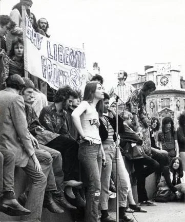 Gay rights demonstration in Trafalgar Square including members of the Gay Liberation Front (GLF).